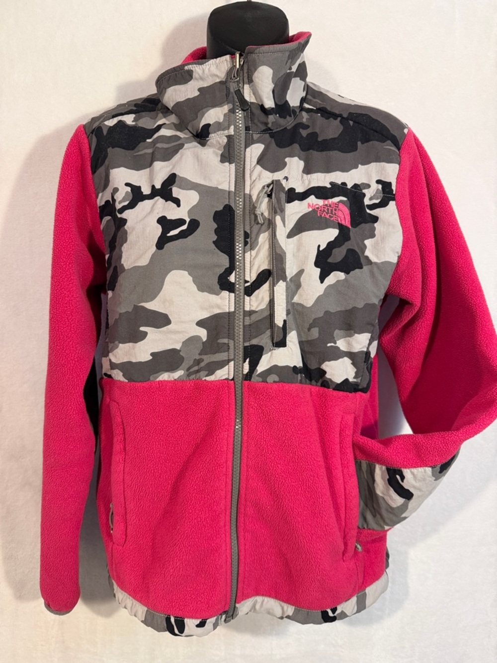 Women’s medium The North Face Pink Fleece Jacket with Gray Camo Panels